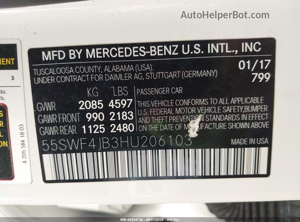 55SWF4JB3HU206103 2017 MERCEDES-BENZ C-CLASS White Widok komory silnika