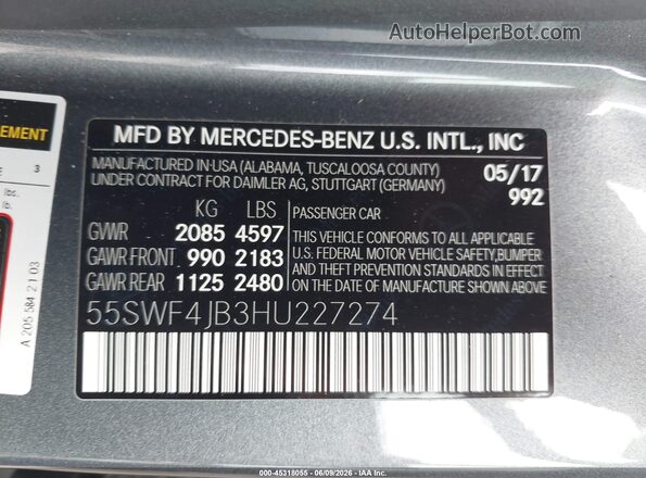 55SWF4JB3HU227274 2017 MERCEDES-BENZ C-CLASS Gray 