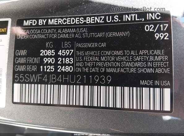 55SWF4JB4HU211939 2017 MERCEDES-BENZ C-CLASS Gray Engine compartment view