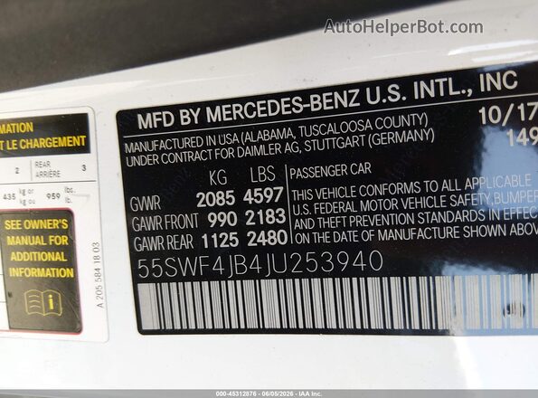 55SWF4JB4JU253940 2018 MERCEDES-BENZ C-CLASS White Вид підкапотного простору