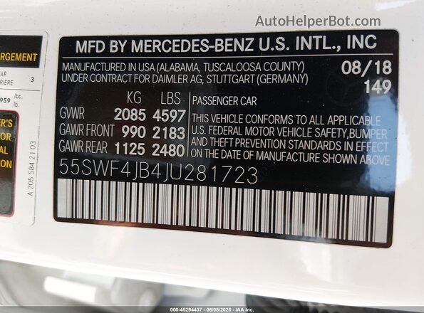55SWF4JB4JU281723 2018 MERCEDES-BENZ C-CLASS Белый 