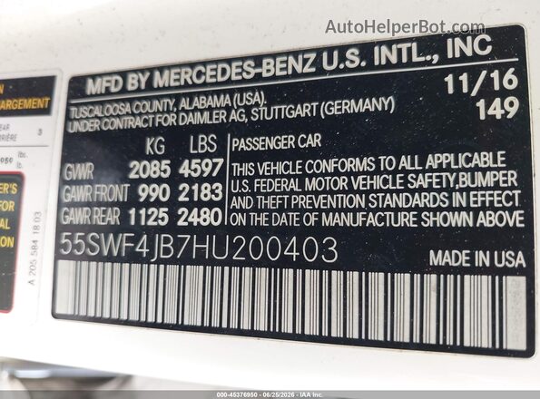 55SWF4JB7HU200403 2017 MERCEDES-BENZ C-CLASS White Engine compartment view
