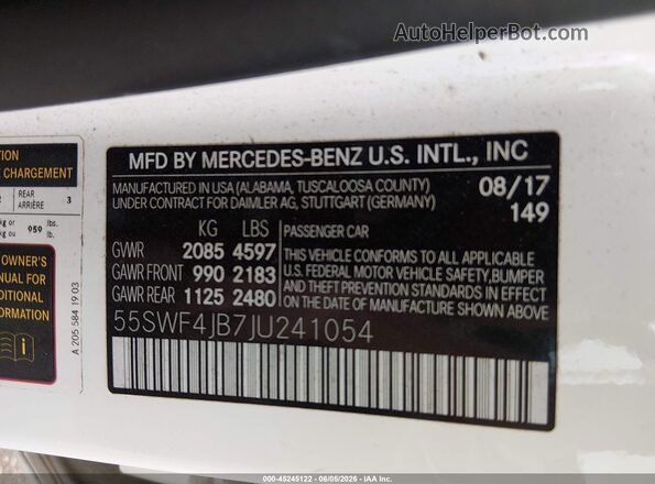 55SWF4JB7JU241054 2018 MERCEDES-BENZ C-CLASS White ძრავის განყოფილების ხედი