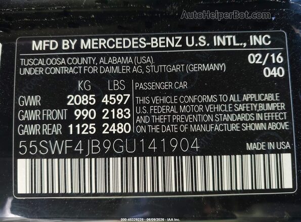 55SWF4JB9GU141904 2016 MERCEDES-BENZ C-CLASS Черный 