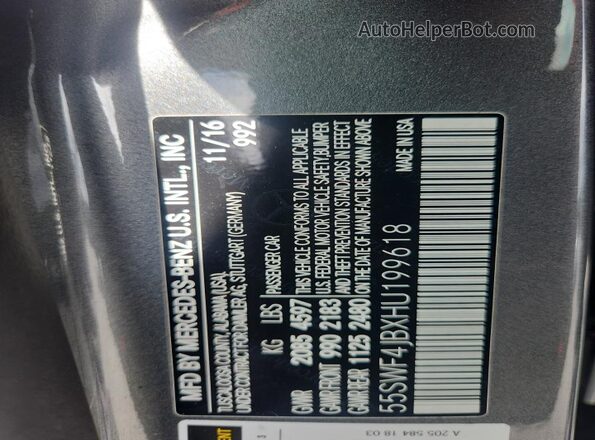 55SWF4JBXHU199618 2017 MERCEDES-BENZ C Gray Widok naklejki z numerem VIN