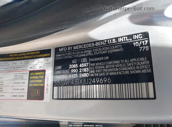 55SWF4JBXJU249696 2018 MERCEDES-BENZ C-CLASS Silver Engine compartment view