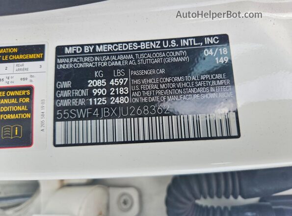 55SWF4JBXJU268362 2018 MERCEDES-BENZ C Белый Вид наклейки с VIN-кодом