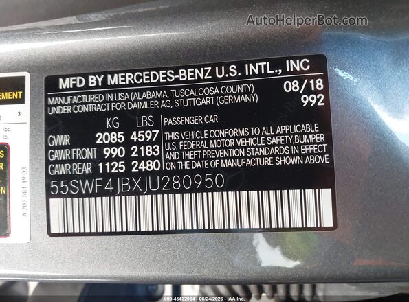 55SWF4JBXJU280950 2018 MERCEDES-BENZ C-CLASS Gray Engine compartment view
