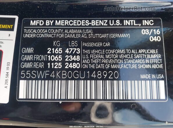 55SWF4KB0GU148920 2016 MERCEDES-BENZ C-CLASS Black ძრავის განყოფილების ხედი