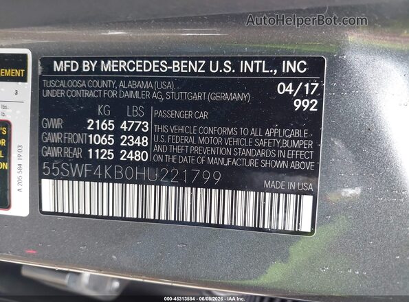 55SWF4KB0HU221799 2017 MERCEDES-BENZ C-CLASS Gray ძრავის განყოფილების ხედი