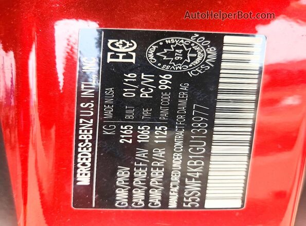 55SWF4KB1GU138977 2016 MERCEDES-BENZ C Red VIN კოდის სტიკერის ხედი
