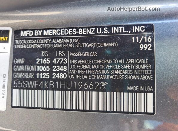 55SWF4KB1HU196623 2017 MERCEDES-BENZ C Серый 