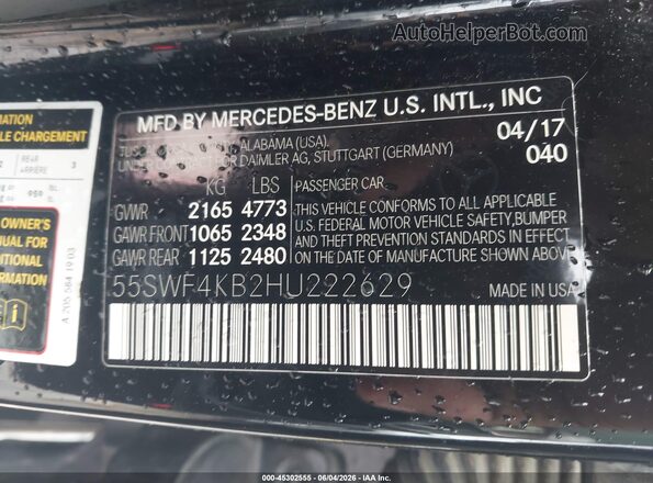 55SWF4KB2HU222629 2017 MERCEDES-BENZ C-CLASS Black Engine compartment view