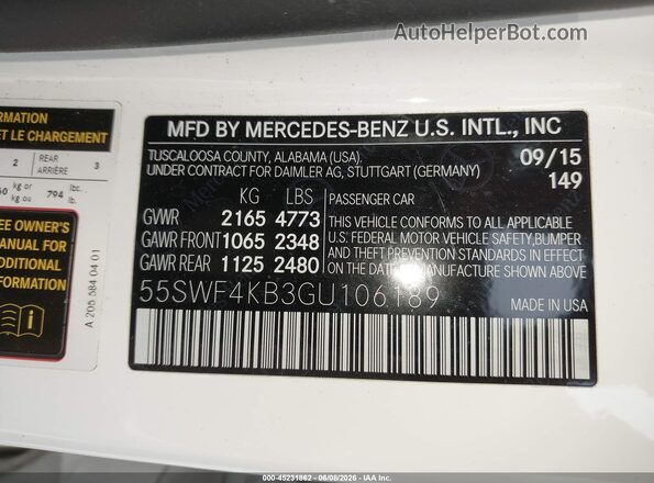 55SWF4KB3GU106189 2016 MERCEDES-BENZ C-CLASS White Engine compartment view
