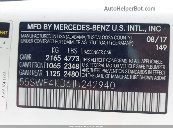 55SWF4KB6JU242940 2018 MERCEDES-BENZ C-CLASS White Engine compartment view