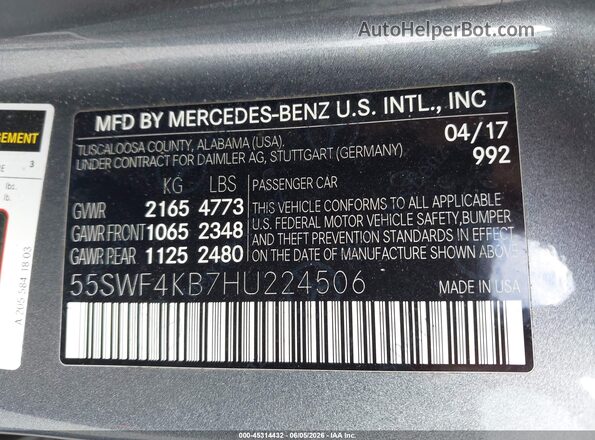 55SWF4KB7HU224506 2017 MERCEDES-BENZ C-CLASS Gray ძრავის განყოფილების ხედი