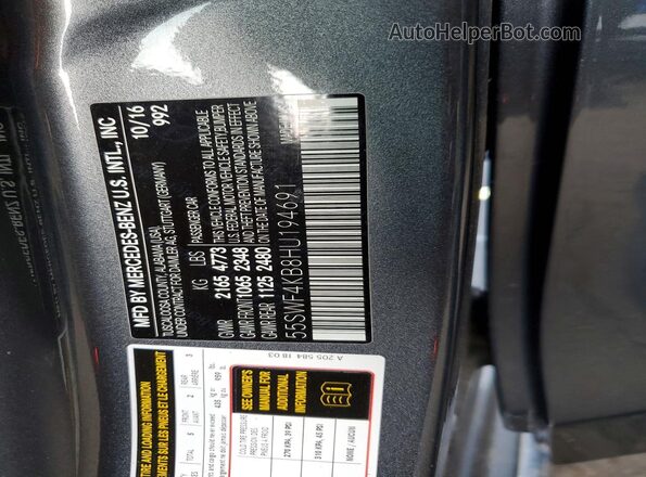 55SWF4KB8HU194691 2017 MERCEDES-BENZ C Gray VIN կոդի պիտակի տեսք