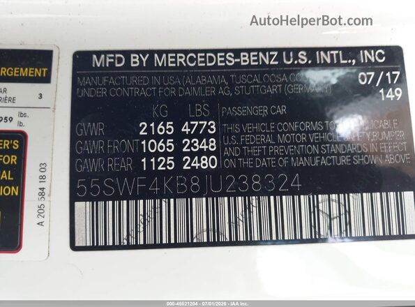 55SWF4KB8JU238324 2018 MERCEDES-BENZ C-CLASS White Vista del compartimento del motor
