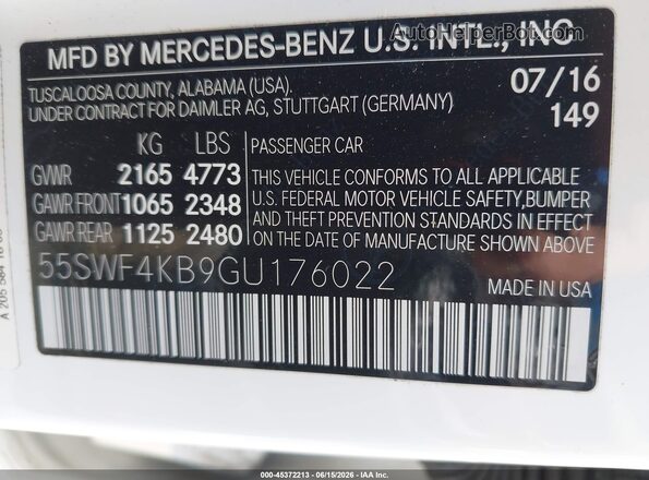 55SWF4KB9GU176022 2016 MERCEDES-BENZ C-CLASS White Engine compartment view