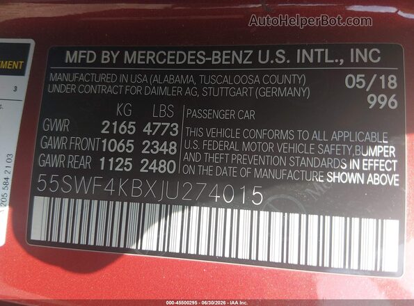 55SWF4KBXJU274015 2018 MERCEDES-BENZ C-CLASS Red ძრავის განყოფილების ხედი
