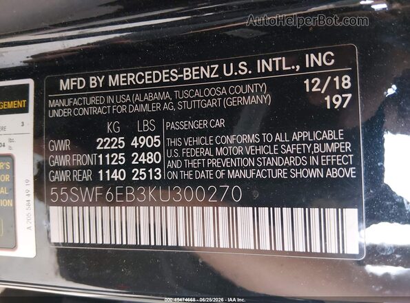 55SWF6EB3KU300270 2019 MERCEDES-BENZ AMG C 43 Black ძრავის განყოფილების ხედი