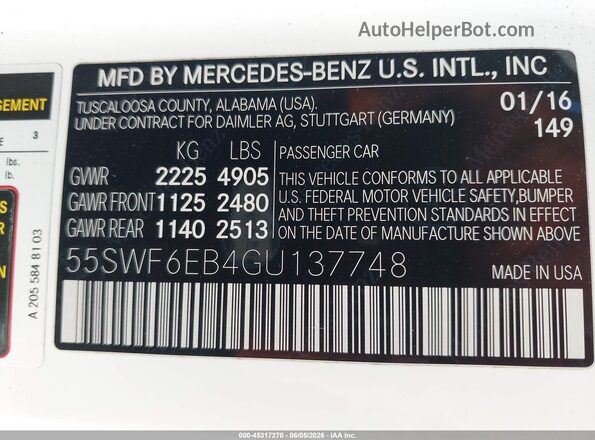 55SWF6EB4GU137748 2016 MERCEDES-BENZ C-CLASS Белый 