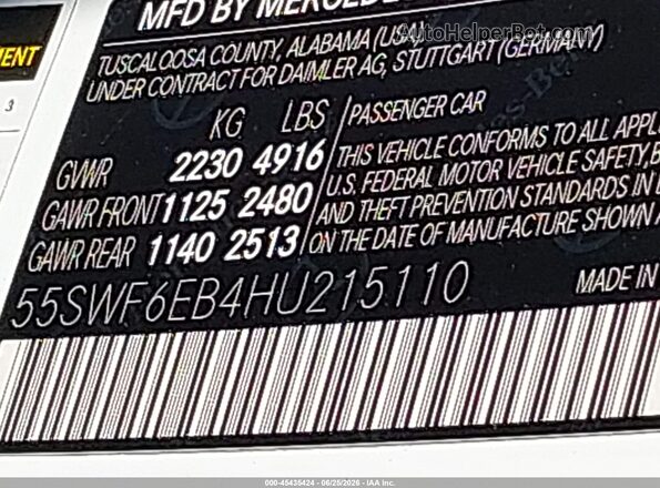 55SWF6EB4HU215110 2017 MERCEDES-BENZ AMG C 43 Белый Вид подкапотного пространства