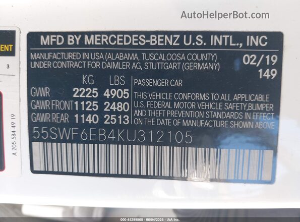 55SWF6EB4KU312105 2019 MERCEDES-BENZ AMG C 43 White Շարժիչի բաժամունքի տեսք