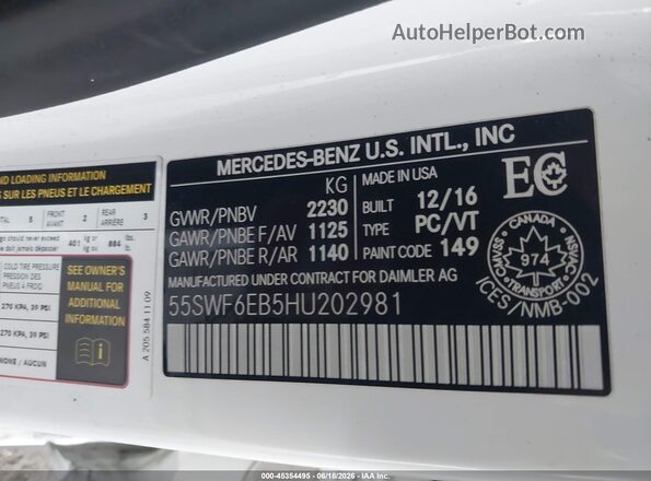 55SWF6EB5HU202981 2017 MERCEDES-BENZ AMG C 43 White 