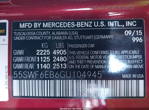 55SWF6EB6GU104945 2016 MERCEDES-BENZ C-CLASS Red Շարժիչի բաժամունքի տեսք