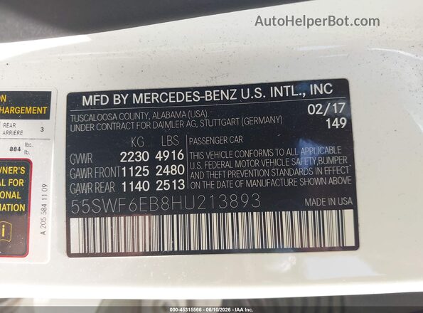 55SWF6EB8HU213893 2017 MERCEDES-BENZ AMG C 43 White Engine compartment view
