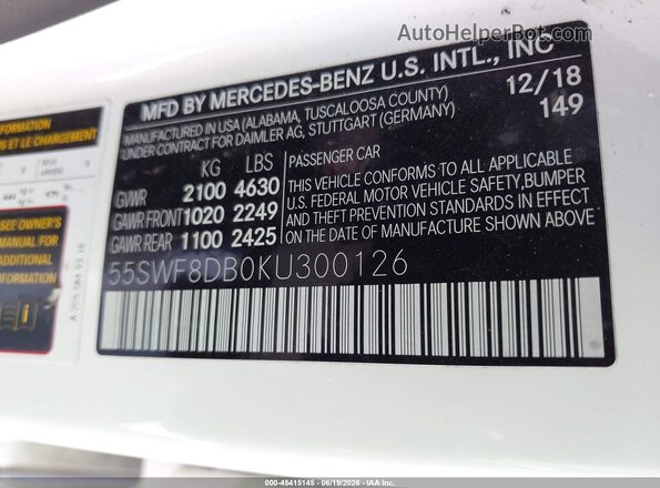 55SWF8DB0KU300126 2019 MERCEDES-BENZ C-CLASS White Widok komory silnika
