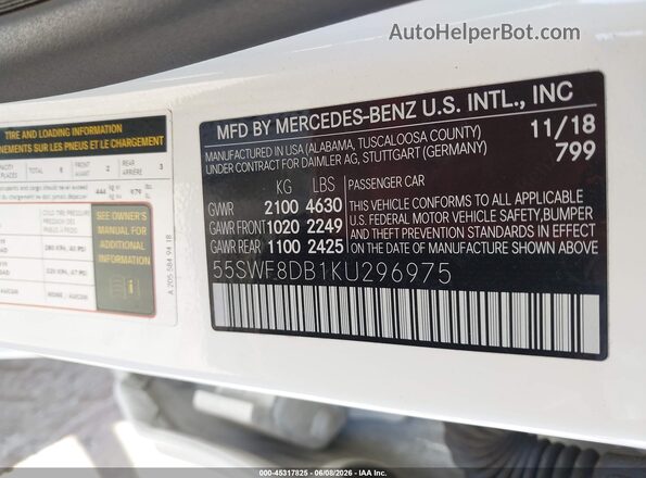 55SWF8DB1KU296975 2019 MERCEDES-BENZ C-CLASS White Engine compartment view