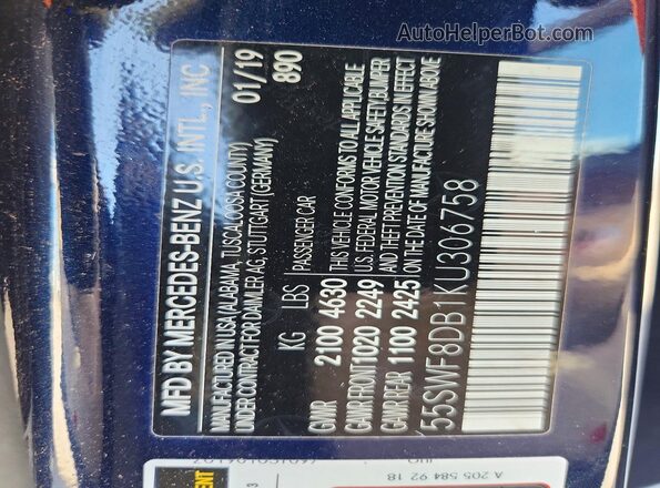 55SWF8DB1KU306758 2019 MERCEDES-BENZ C Blue ძრავის განყოფილების ხედი