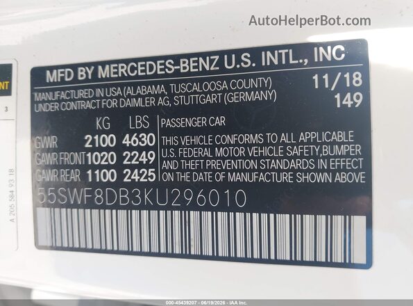 55SWF8DB3KU296010 2019 MERCEDES-BENZ C-CLASS White ძრავის განყოფილების ხედი