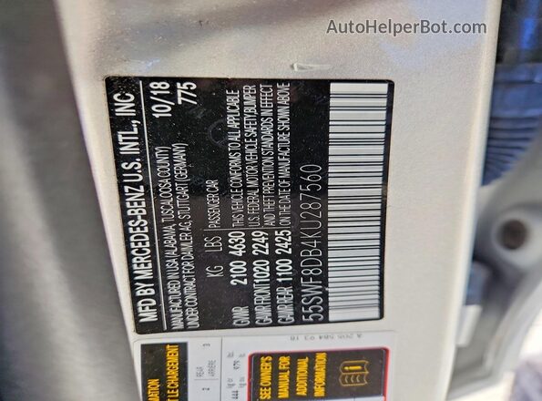 55SWF8DB4KU287560 2019 MERCEDES-BENZ C Silver Widok komory silnika