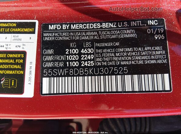 55SWF8DB5KU307525 2019 MERCEDES-BENZ C-CLASS Red Շարժիչի բաժամունքի տեսք