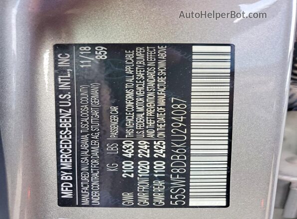 55SWF8DB6KU294087 2019 MERCEDES-BENZ C Silver ძრავის განყოფილების ხედი