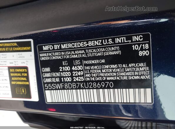 55SWF8DB7KU286970 2019 MERCEDES-BENZ C-CLASS Dark Blue Вид підкапотного простору