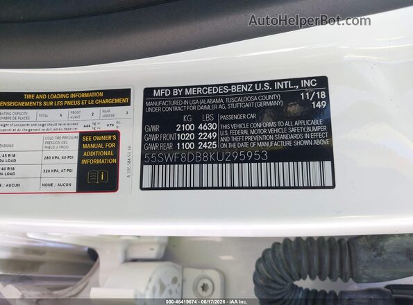55SWF8DB8KU295953 2019 MERCEDES-BENZ C-CLASS White Շարժիչի բաժամունքի տեսք