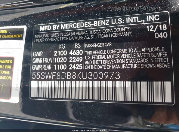 55SWF8DB8KU300973 2019 MERCEDES-BENZ C-CLASS Black ძრავის განყოფილების ხედი