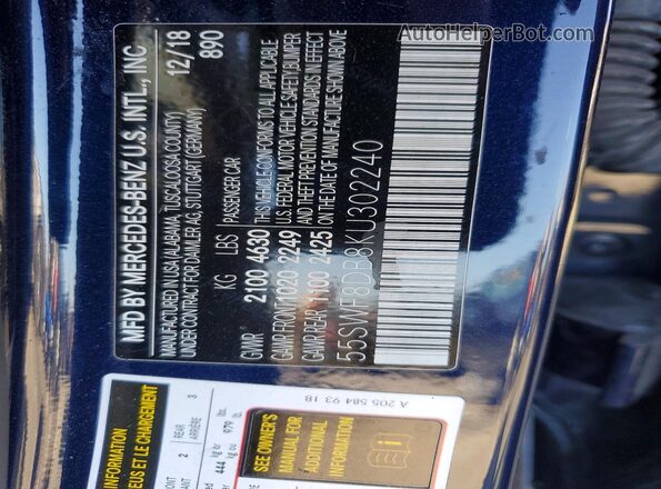 55SWF8DB8KU302240 2019 MERCEDES-BENZ C Синий 