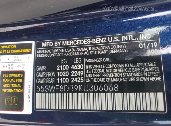 55SWF8DB9KU306068 2019 MERCEDES-BENZ C Синий Вид подкапотного пространства
