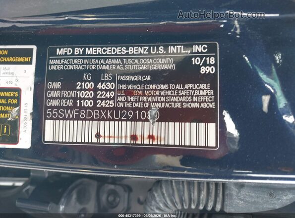 55SWF8DBXKU291080 2019 MERCEDES-BENZ C-CLASS Blue Engine compartment view