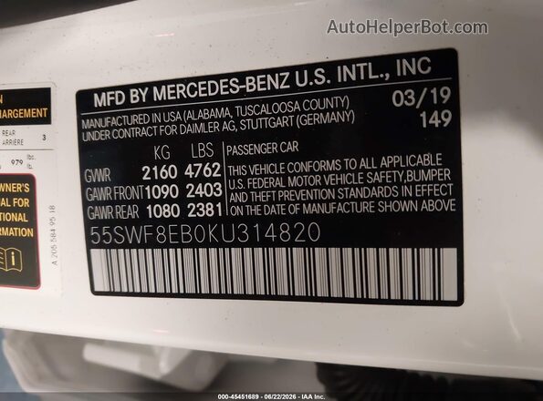 55SWF8EB0KU314820 2019 MERCEDES-BENZ C-CLASS White ძრავის განყოფილების ხედი