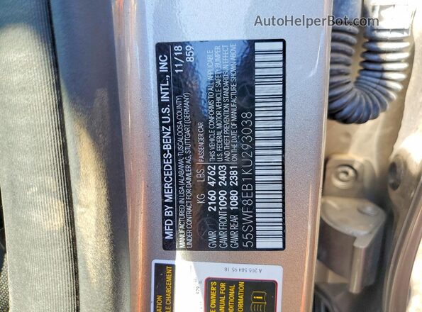 55SWF8EB1KU293038 2019 MERCEDES-BENZ C Gray 