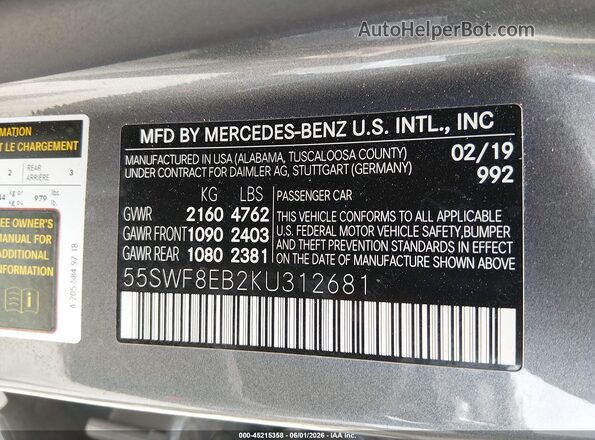 55SWF8EB2KU312681 2019 MERCEDES-BENZ C-CLASS Gray Widok komory silnika