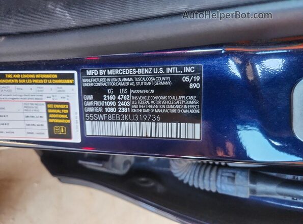 55SWF8EB3KU319736 2019 MERCEDES-BENZ C Blue VIN կոդի պիտակի տեսք