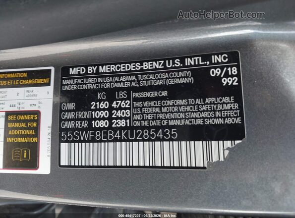 55SWF8EB4KU285435 2019 MERCEDES-BENZ C-CLASS Gray Engine compartment view