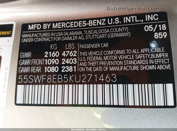 55SWF8EB5KU271463 2019 MERCEDES-BENZ C-CLASS Beige Engine compartment view